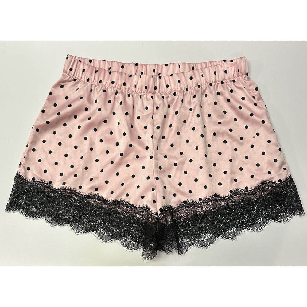 Victoria's Secret Satin Shorts XS Pink With Black Polka Dots Black Lace Trim New